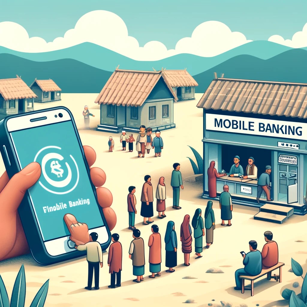 DALL·E 2024-05-14 23.46.16 - An illustration showing a remote village where residents are using mobile phones for banking transactions. The scene includes people standing in line 