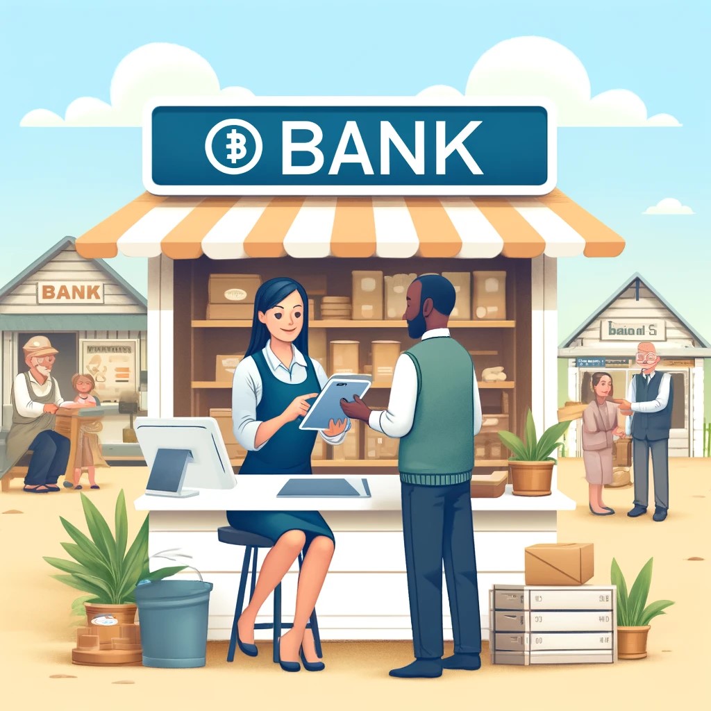 DALL·E 2024-05-14 23.46.18 - An illustration of a small shop owner acting as a banking agent in a rural area. The shop owner is assisting a customer with a financial transaction o