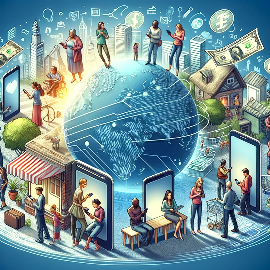 DALL·E 2024-05-14 22.58.27 - A digital illustration showing a diverse group of people using mobile devices to send and receive international money transfers. The scene depicts ind