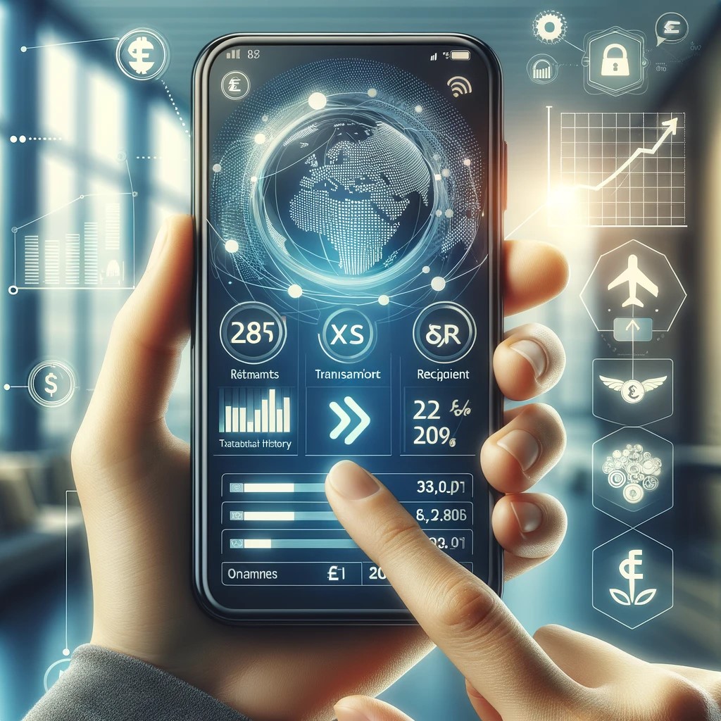 DALL·E 2024-05-14 22.58.28 - An illustration of a fintech app interface on a smartphone screen, showing features for international money transfers including exchange rates, transa