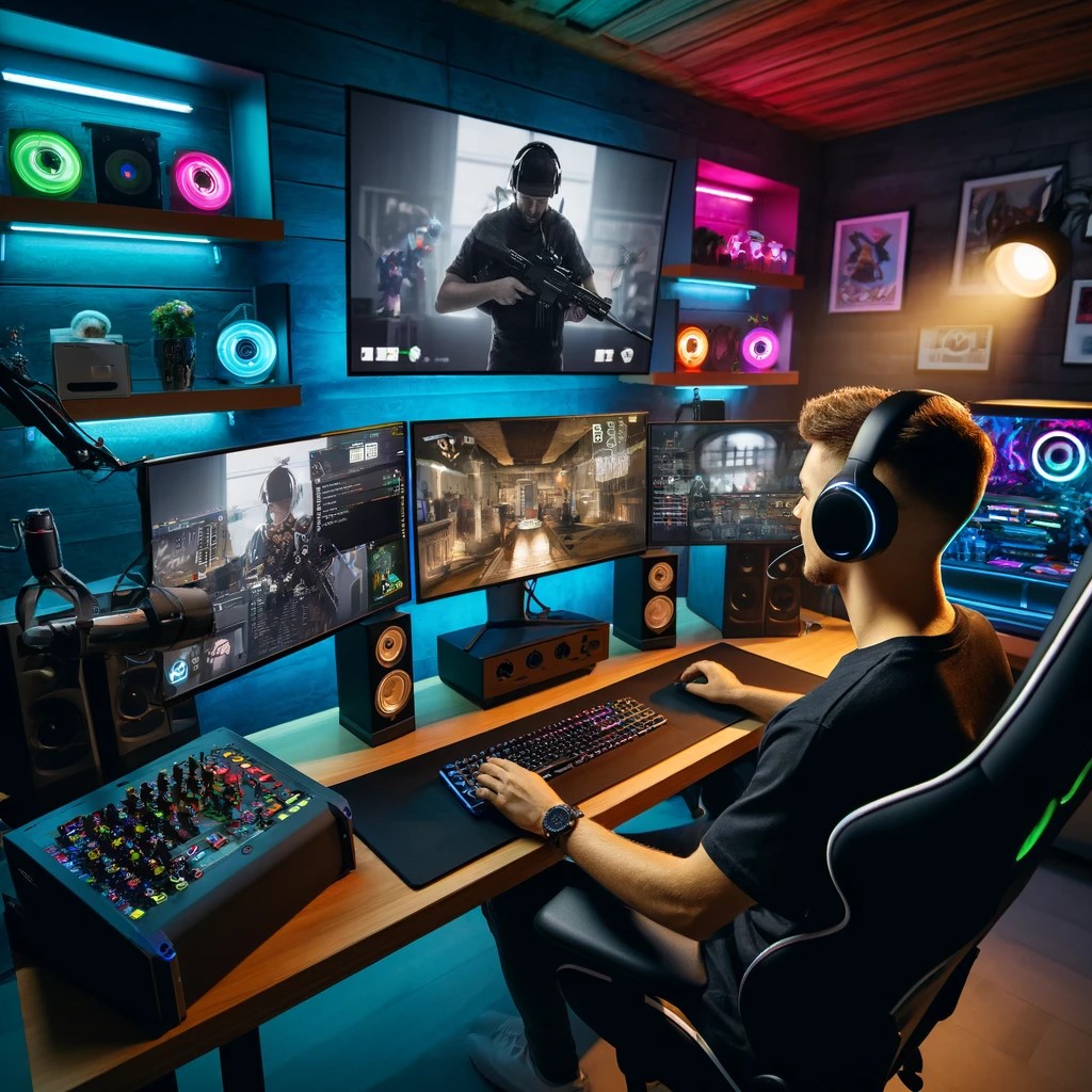 DALL·E 2024-05-15 13.04.24 - A high-tech streaming setup for an eSports player, featuring multiple monitors, advanced gaming equipment, and colorful LED lighting. The gamer is int