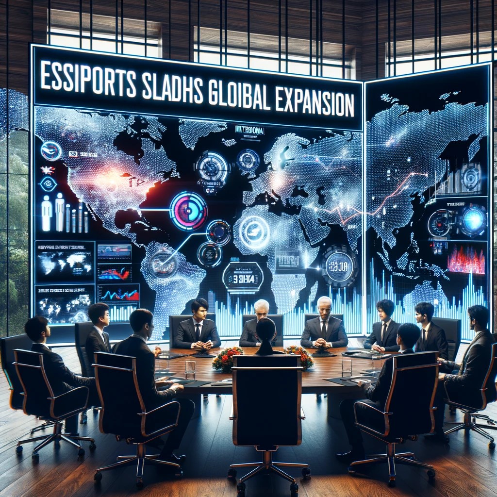 DALL·E 2024-05-15 13.04.26 - An international business meeting with eSports executives discussing global expansion strategies. The boardroom is sleek and modern, with a large tabl