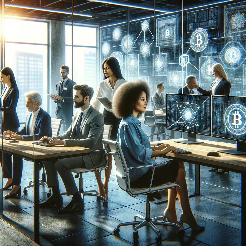 DALL·E 2024-06-06 20.26.21 - A high-tech office where financial analysts are using blockchain technology to secure and automate transactions. The scene shows a team of financial p