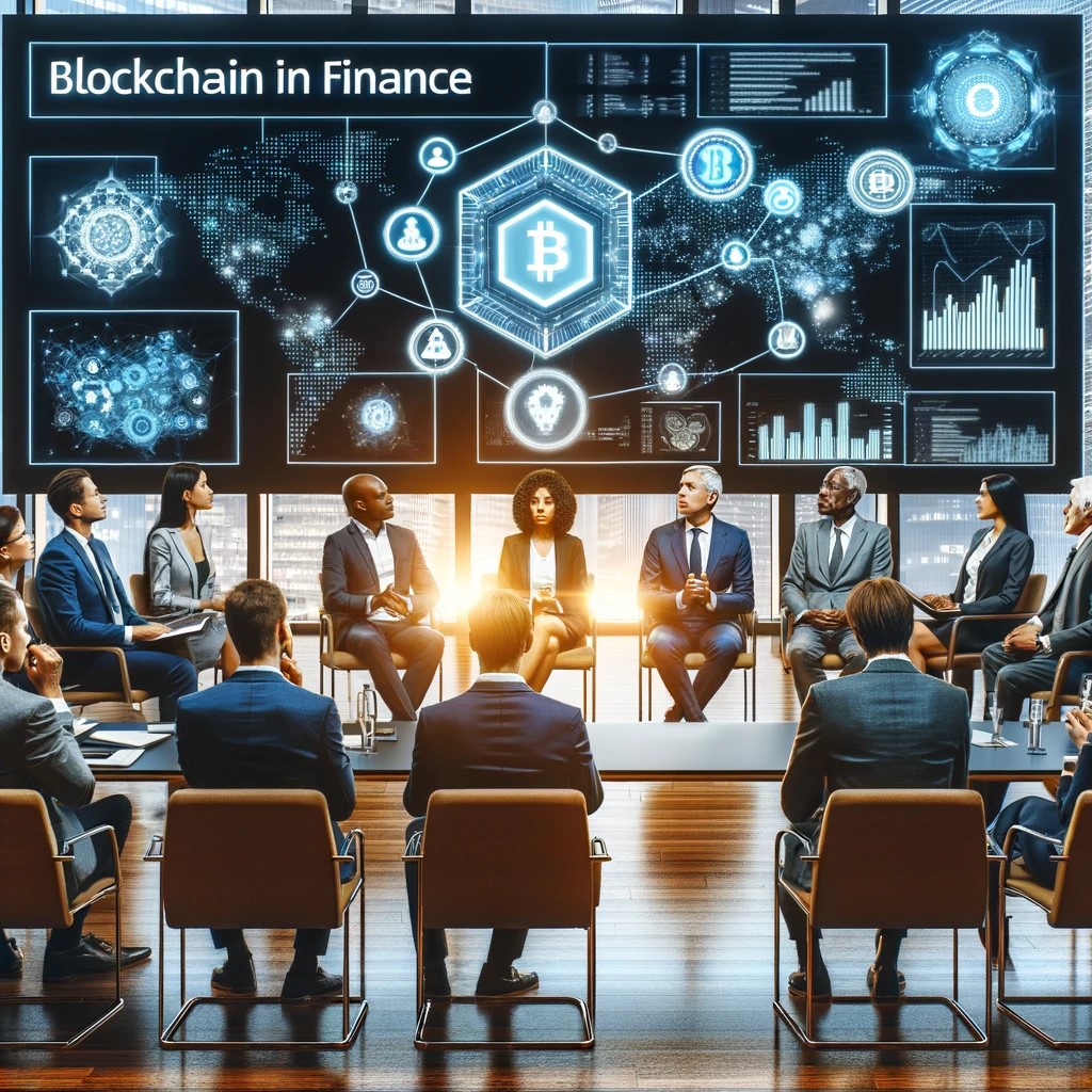 DALL·E 2024-06-06 20.26.20 - A modern financial technology conference focusing on blockchain applications in finance. The scene includes a diverse panel of experts, including a yo