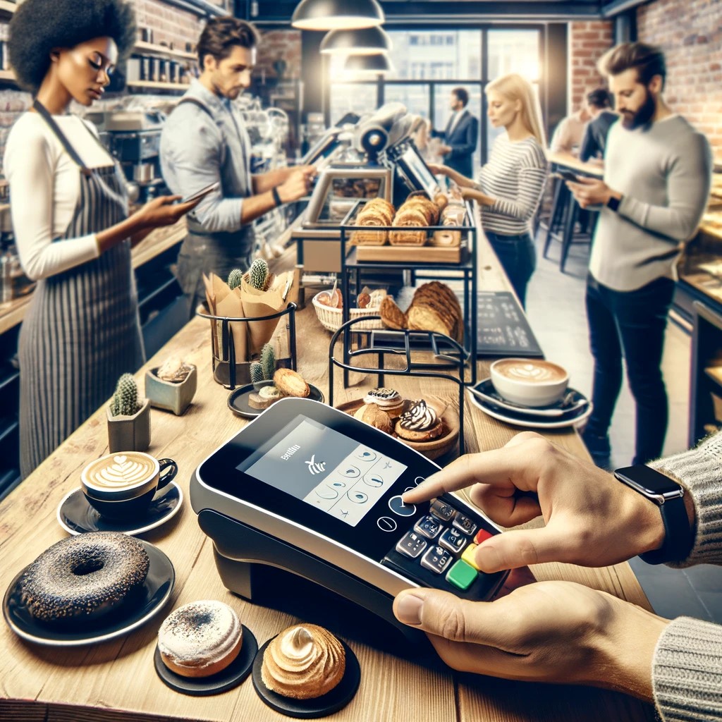 DALL·E 2024-06-04 13.07.22 - A busy urban coffee shop scene with customers using contactless payments. The image shows diverse customers tapping their smartphones and wearable dev