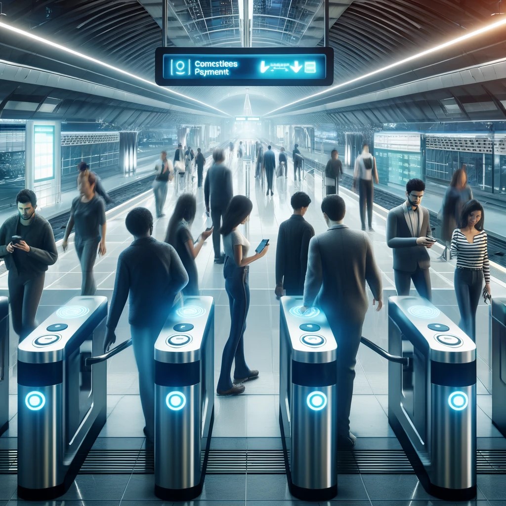 DALL·E 2024-06-04 13.07.23 - A futuristic public transportation system with passengers using contactless payments to access the service. The scene shows a modern, clean subway sta