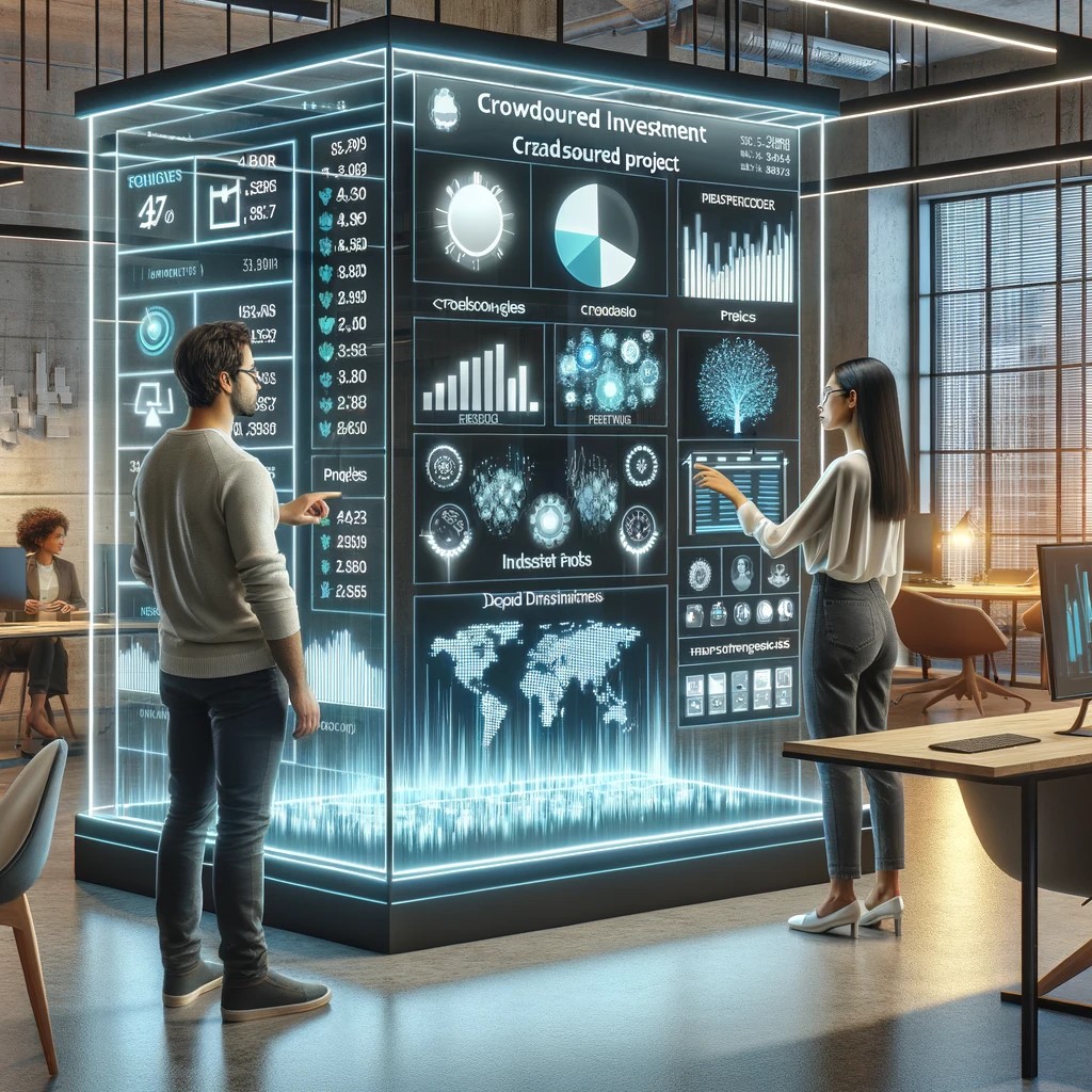 DALL·E 2024-06-05 19.48.52 - A modern fintech office showcasing a large digital dashboard displaying various crowdsourced investment opportunities. The dashboard shows graphs, pie