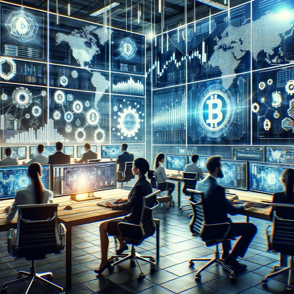 DALL·E 2024-06-04 22.15.25 - A high-tech financial hub where digital currency transactions are being conducted. The scene includes modern workstations with multiple screens displa