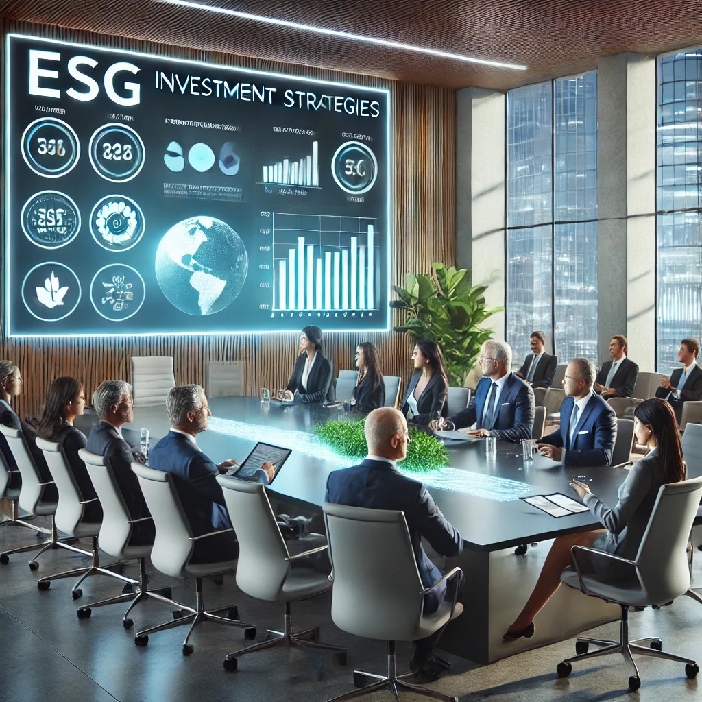 DALL·E 2024-07-08 00.23.47 - A modern corporate boardroom with executives discussing ESG investment strategies. The room features a large digital screen displaying ESG metrics and