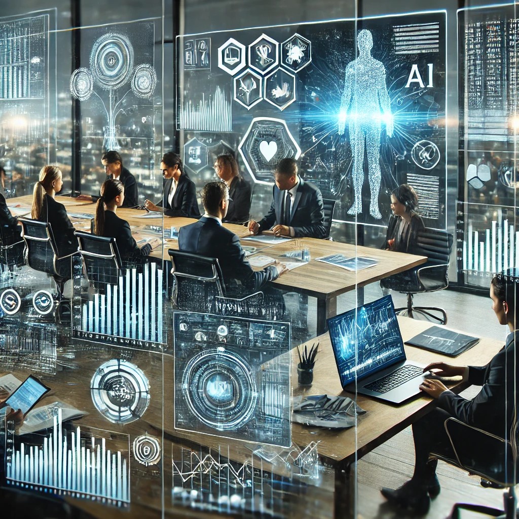 DALL·E 2024-07-07 22.20.05 - An image showing financial analysts in a modern office using AI-driven tools and digital interfaces to make investment decisions, with screens display