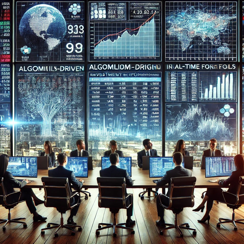 DALL·E 2024-07-03 16.51.07 - An image of a modern financial office with a diverse team of analysts monitoring algorithm-driven investment portfolios on large digital screens. The 