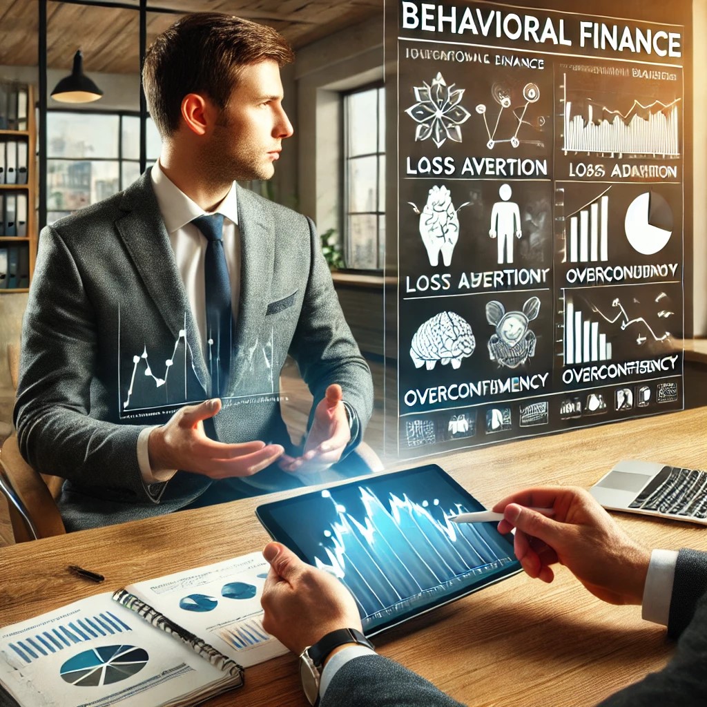 DALL·E 2024-07-09 22.32.22 - A modern financial advisor's office where behavioral finance concepts are being explained to a client using digital tools. The advisor is using a tabl