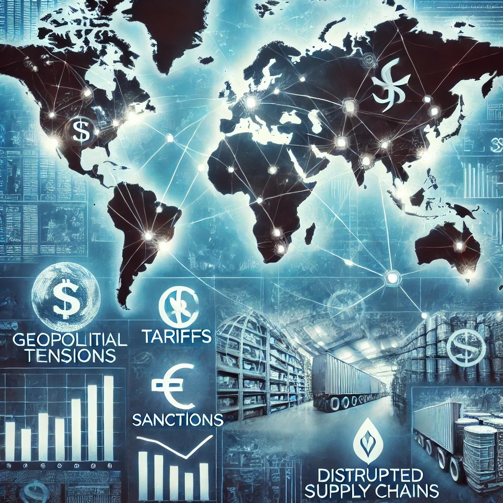 DALL·E 2024-08-16 16.56.53 - An image showing the impact of geopolitical tensions and trade wars on global trade, with symbols such as tariffs, sanctions, and disrupted supply cha