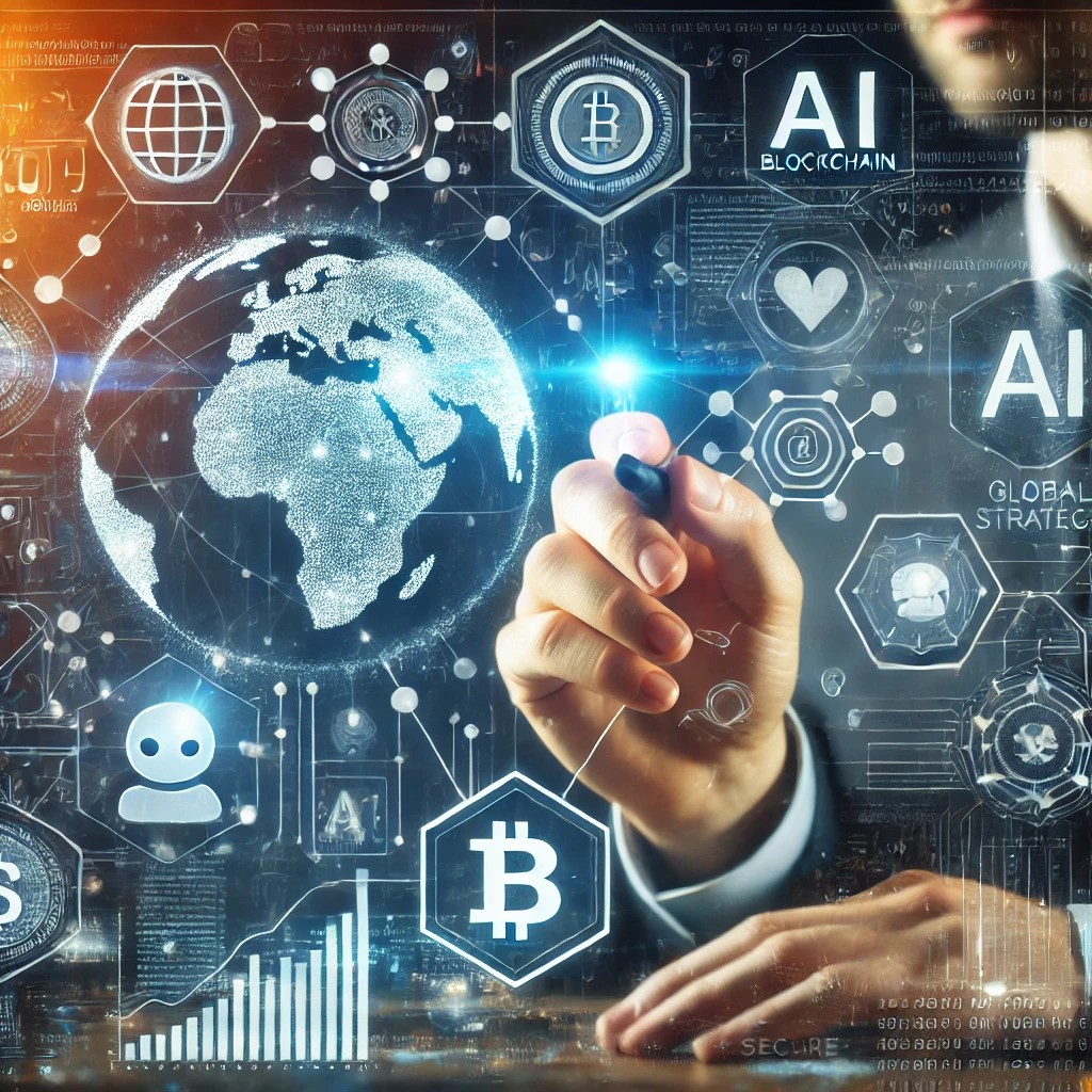 DALL·E 2024-08-16 15.34.01 - A futuristic image of a financial analyst integrating AI and blockchain technology into global financial strategies. The background includes symbols o