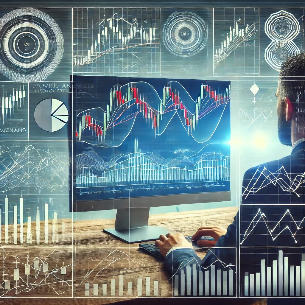 DALL·E 2024-08-16 15.55.03 - An image depicting technical analysis with a financial analyst using charts and indicators on a computer screen. The screen shows various technical in