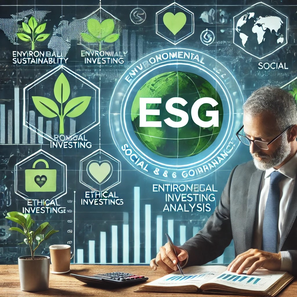 DALL·E 2024-08-16 15.55.04 - An image illustrating the integration of ESG factors into financial market analysis, with a financial professional reviewing a report that highlights 