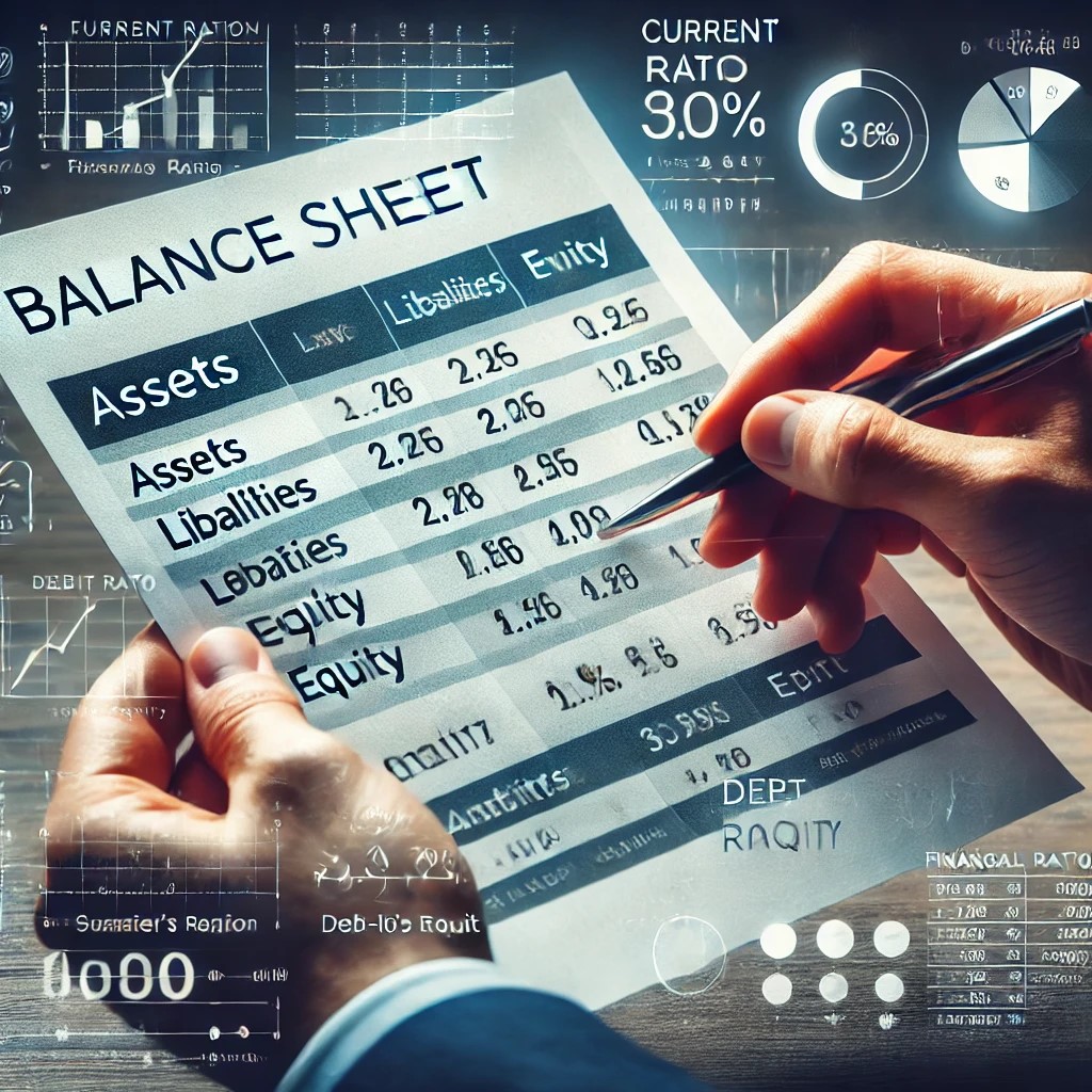 DALL·E 2024-08-16 15.25.35 - A clear and informative image of a balance sheet being reviewed by a financial professional. The sheet shows assets, liabilities, and shareholders' eq