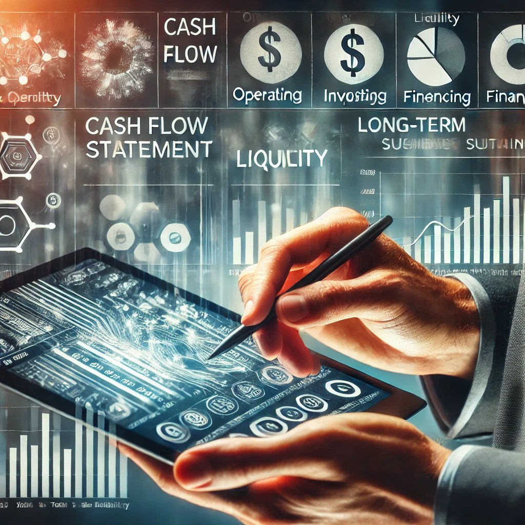 DALL·E 2024-08-16 15.25.36 - A dynamic image of a financial professional analyzing a cash flow statement on a tablet. The screen displays different sections of the cash flow state